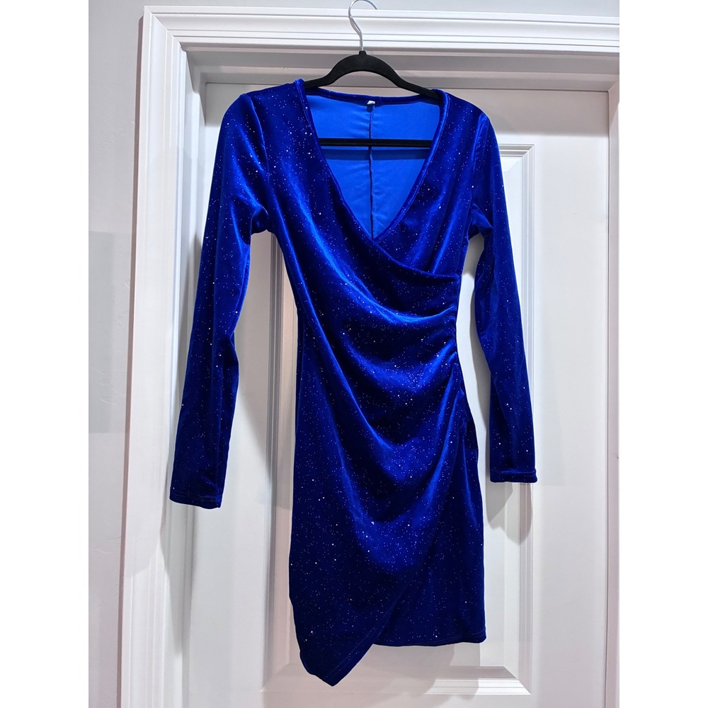 Royal Blue Glitter Velvet Wrap Mini Dress Long Sleeve V-Neck Ruched Bodycon S